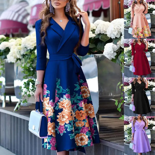 Cralom V-Neck Printed Long Sleeve Dress with Waist Cinching