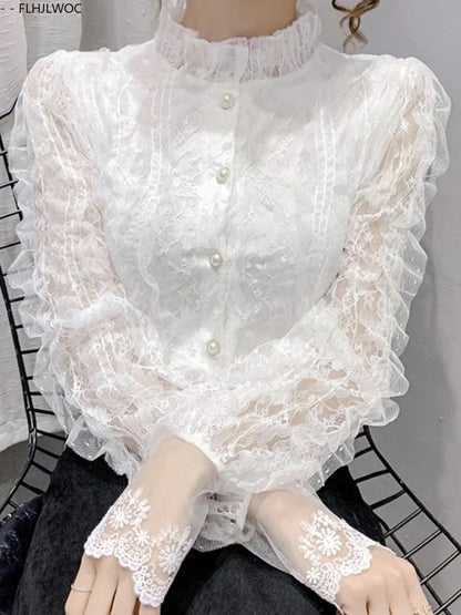 Cralom Women's Lace Ruffled White Turtleneck Blouse Elegant Office Lady Chic Top