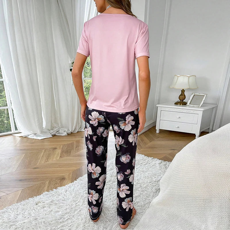 Cralom Women's Short Sleeve Pajama Set with Round Neck - Two Piece Sleepwear Set