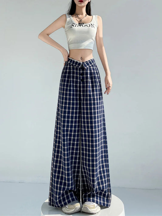 Cralom High Waist Plaid Capris Straight Pants