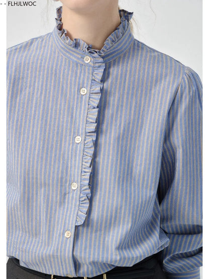 Cralom Blue Striped Retro Vintage Top for Women - Fall Chic Design