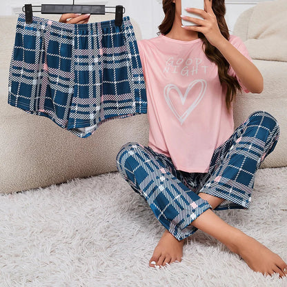 Cralom Checkered Print Pajama Set - 3 Piece Loungewear Offering Tops, Shorts, and Long Pants