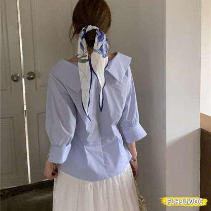 Cralom Blue Cotton Peplum Office Blouse French Style V-Neck Button-Up