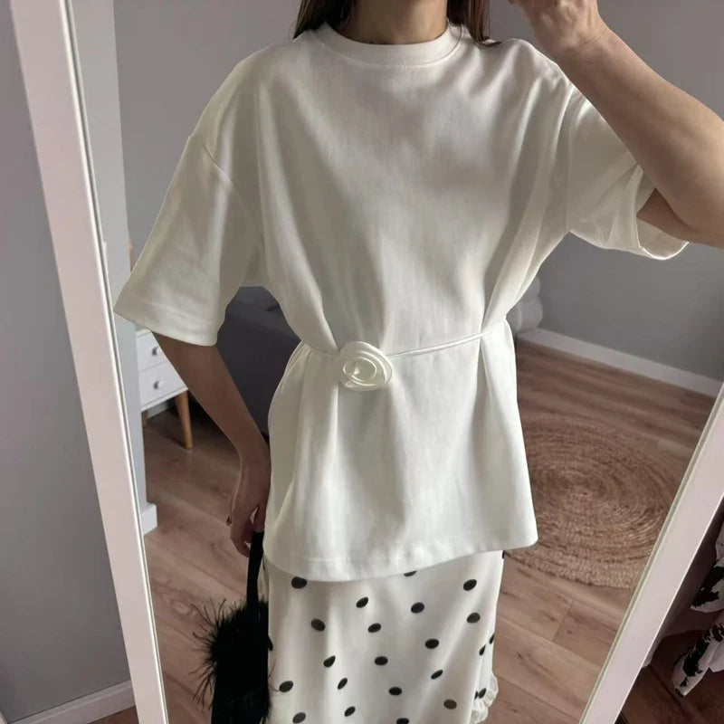 Cralom Lace Up Flower Shirt - Short Sleeve O-Neck Spring Outwear