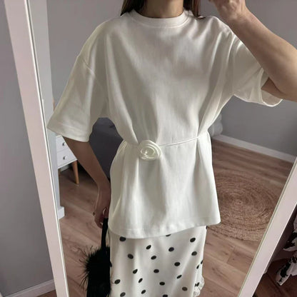 Cralom Lace Up Flower Shirt - Short Sleeve O-Neck Spring Outwear