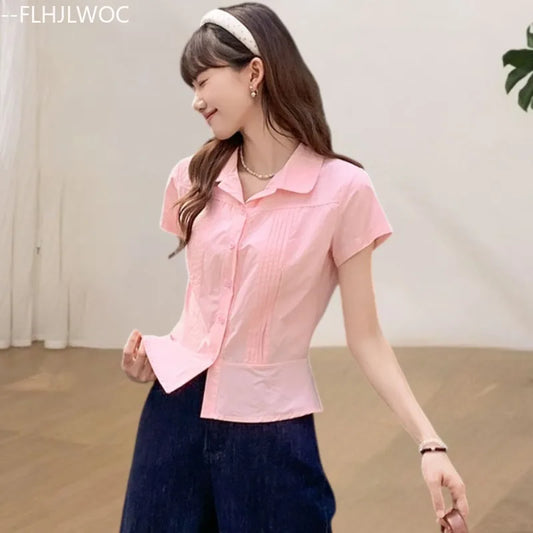 Cralom Pink Peplum Blouse: Summer Short Sleeve Slim Fit for Girls & Women