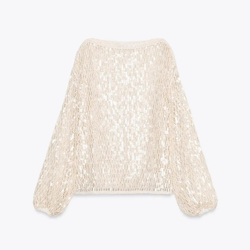 Cralom Sequin Knit Blouse: Women's Long Sleeve Pullover Top, Chic Vacation Style