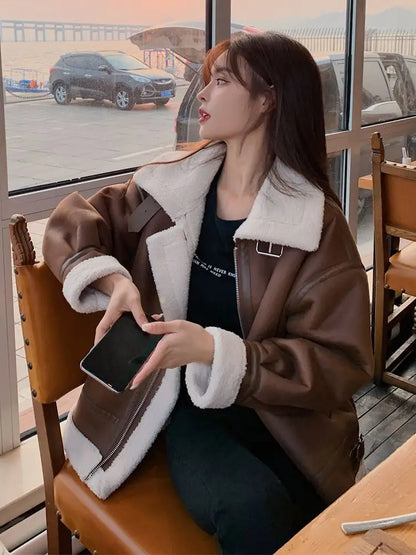 Cralom Winter Lambswool Padded Fur Coat Female Motorcycle Suit