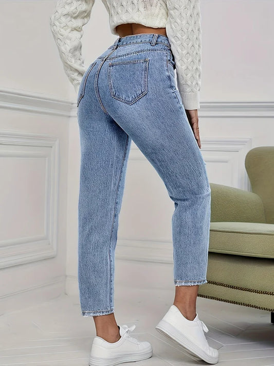 Cralom High Waist Distressed Blue Jeans Women's Streetwear Slim Fit Pencil Pants