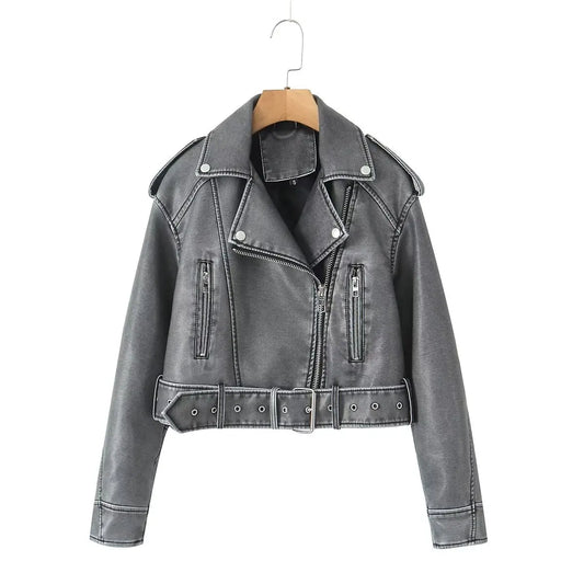 Cralom PU Leather Jacket with Zipper, Casual Lapel Motorcycle Coat for Women