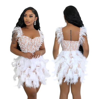 Cralom V-neck Dress with Nail Beads and Feathers
