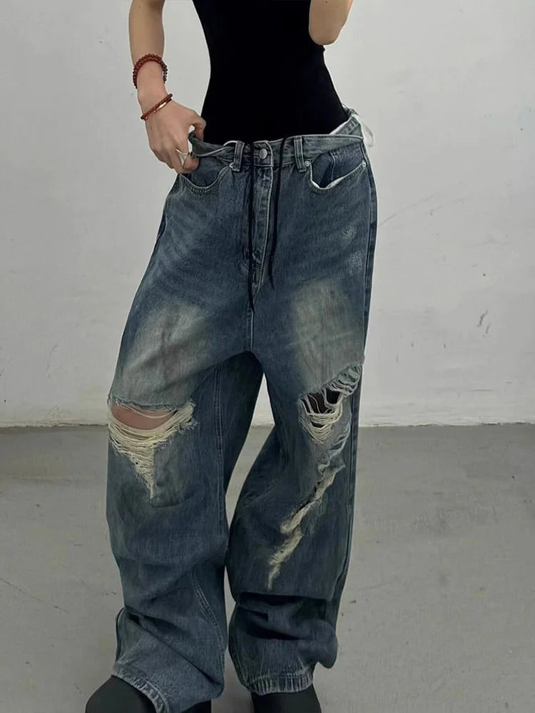 Cralom Distressed Washed Wide Leg Jeans - Y2K Streetwear High Waist