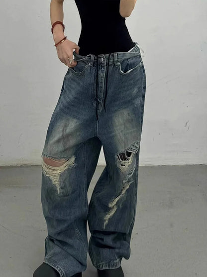 Cralom Distressed Washed Wide Leg Jeans - Y2K Streetwear High Waist
