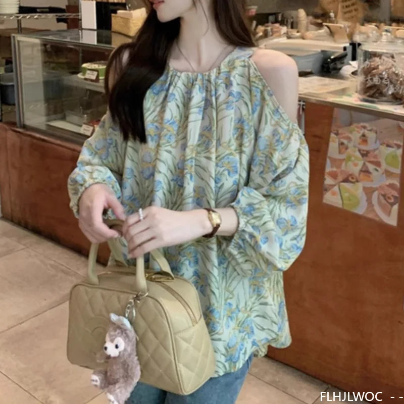 Cralom Floral Print Chiffon Off-Shoulder Top - Green