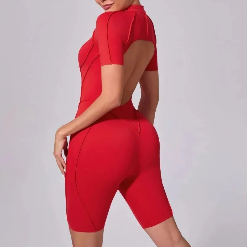 Cralom Zip Front Short Sleeve Jumpsuit - Summer Workout Activewear