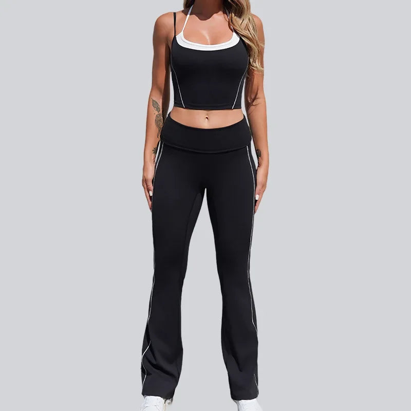 Cralom Seamless Yoga Set: Halter Top & Quick-Dry Flare Shorts - Gym Fitness Outfit