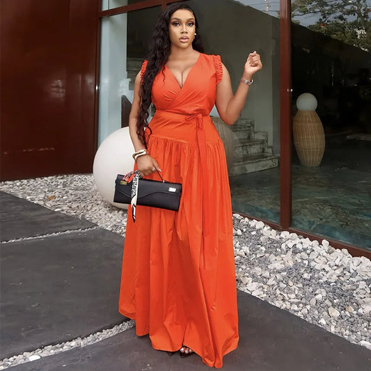 Cralom V-Neck High Waist Maxi Dress Solid Color Sleeveless Sexy Summer Fashion