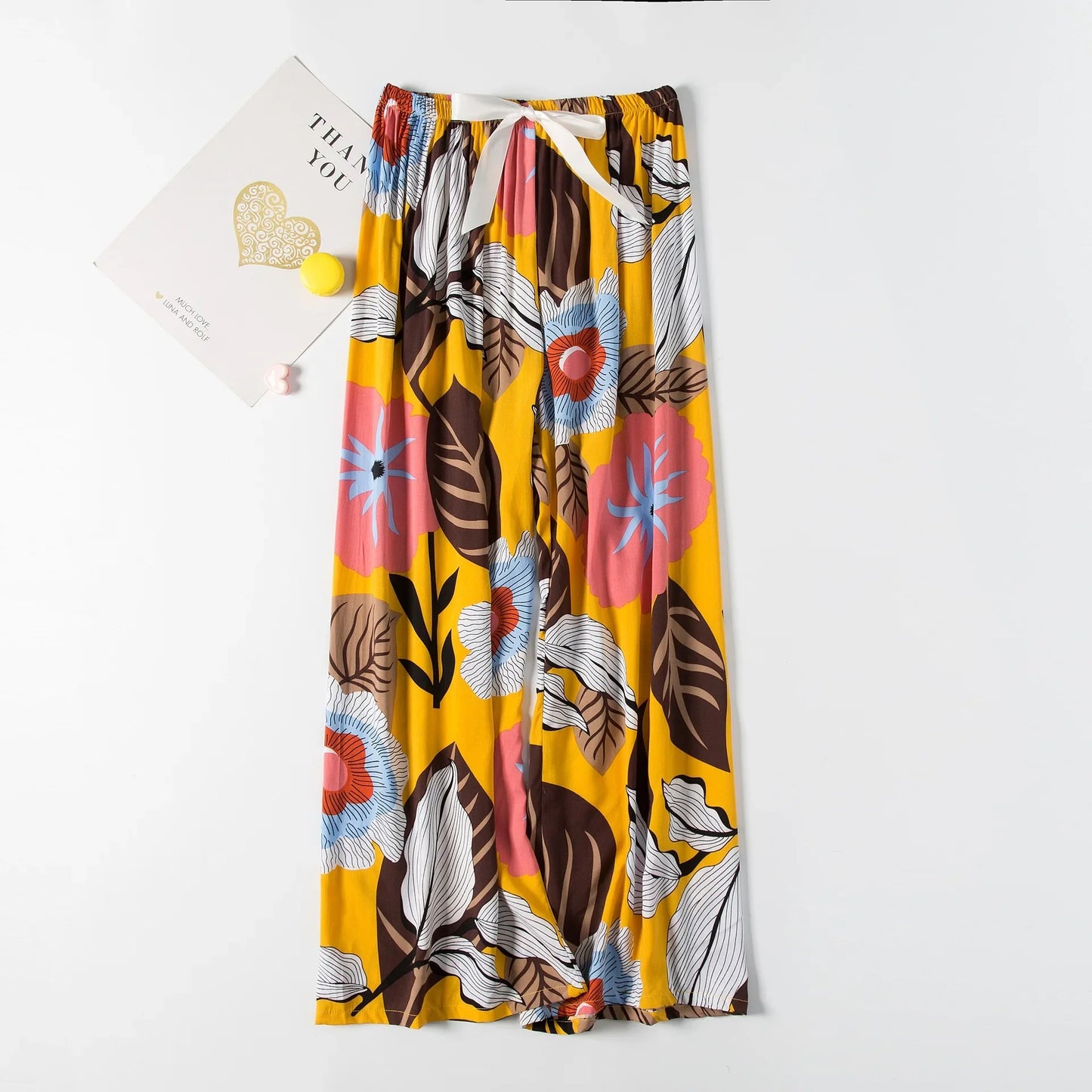 Cralom Floral Cotton Silk Pajama Pants Women's Loose Wide-leg Trousers