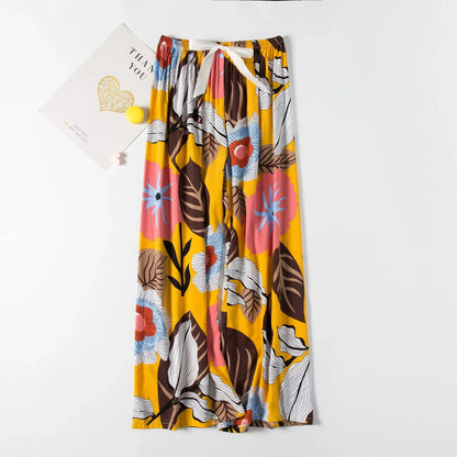 Cralom Floral Cotton Silk Pajama Pants Women's Loose Wide-leg Trousers