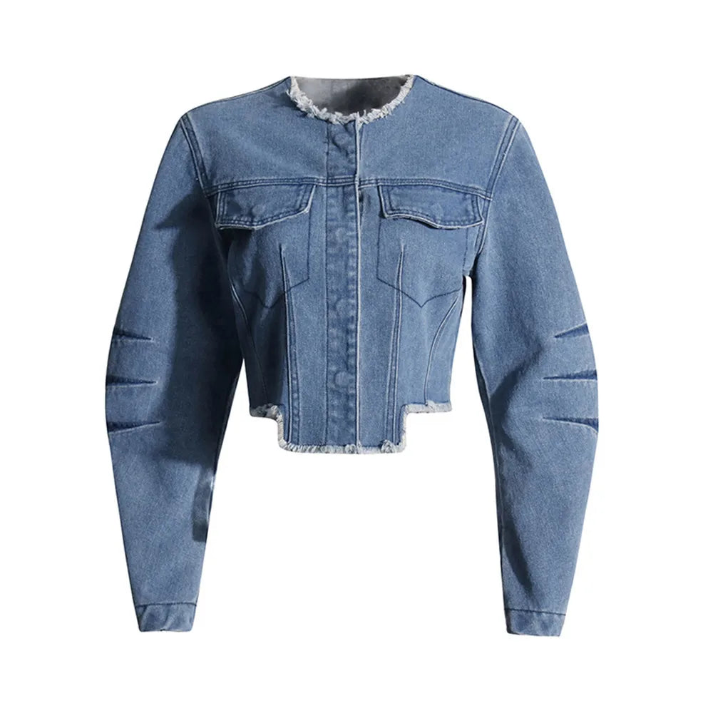 Cralom Rawhem Denim Coat - Round Neck Long Sleeve Slimming Jacket for Women
