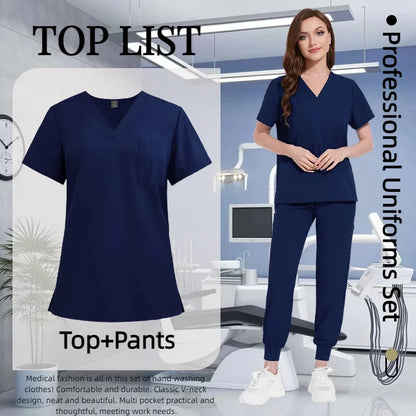 Cralom Multicolour Nurse Scrubs Set V-neck Top Pocket Pants