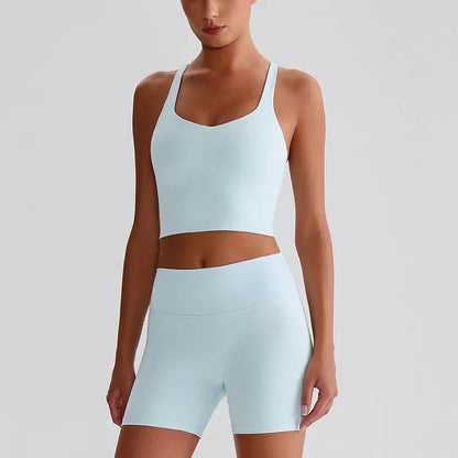Cralom Naked Feel Yoga Set: Backless Top & Peach Booty Shorts