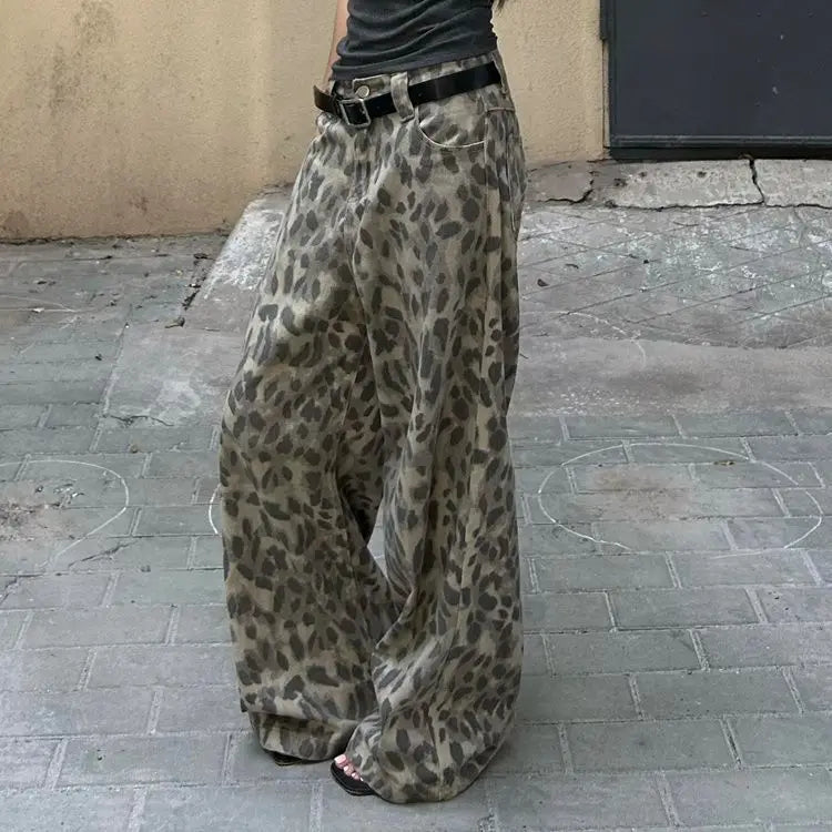Cralom Vintage Distressed Leopard Jeans: High Waist Wide Leg Pants