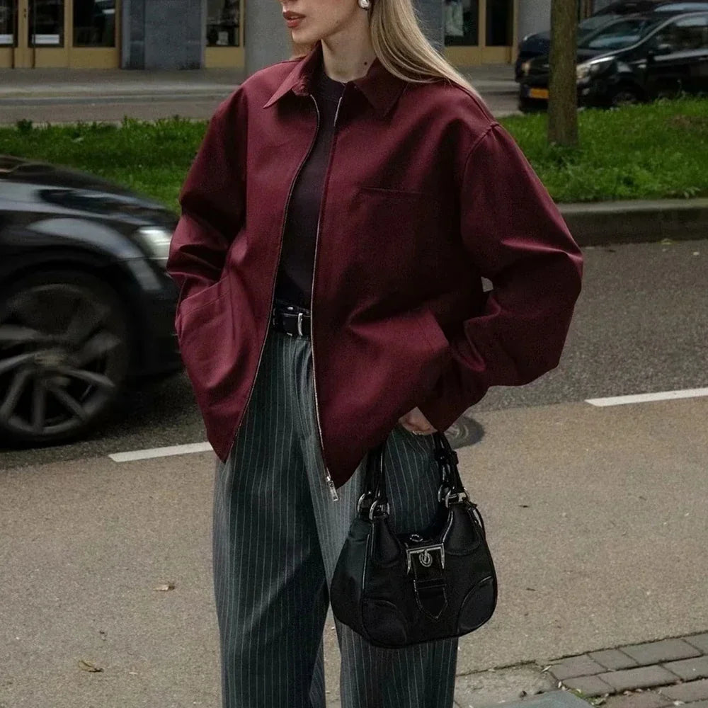 Cralom Solid Spliced Lapel Jacket Loose Fit Minimalist Chic Coat