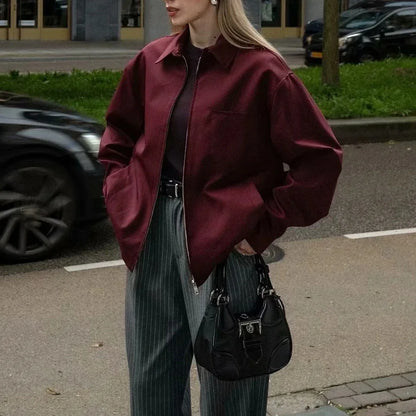 Cralom Solid Spliced Lapel Jacket Loose Fit Minimalist Chic Coat