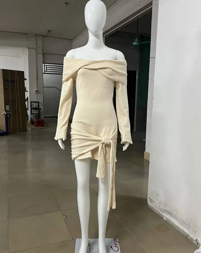 Cralom Lace Up Knit Mini Dress for Women: Off Shoulder, Slash Neck, Long Sleeved