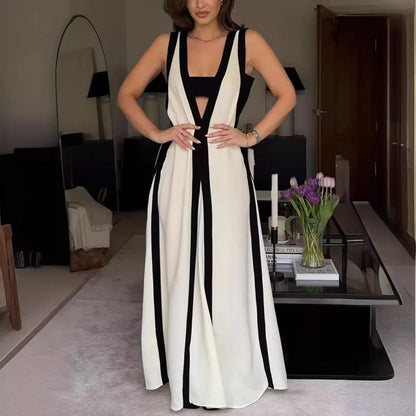 Cralom Sleeveless Summer Dress with Color Block Splicing