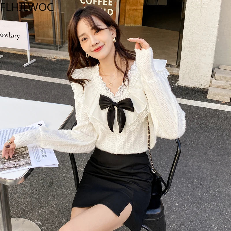 Cralom Lace Ruffle Bow Tie Blouse - White