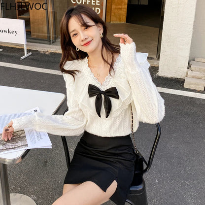 Cralom Lace Ruffle Bow Tie Blouse - White