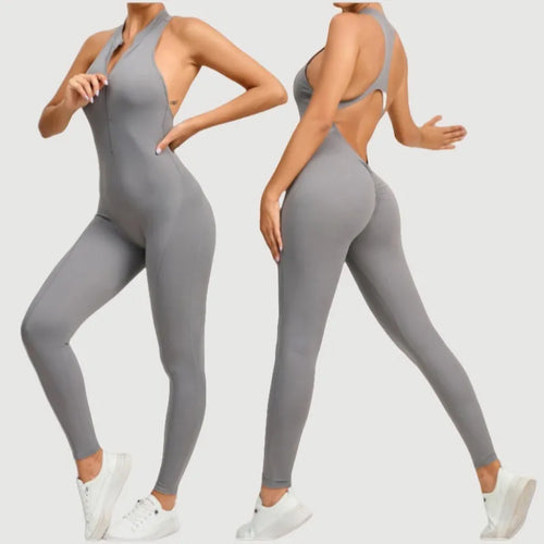 Cralom Seamless Zip Front Yoga Jumpsuit - Booty Ruched - Workout Bodysuit
