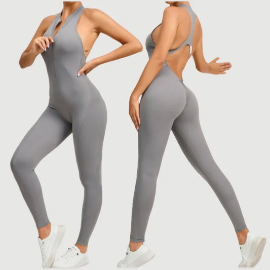 Cralom Seamless Zip Front Yoga Jumpsuit - Booty Ruched - Workout Bodysuit