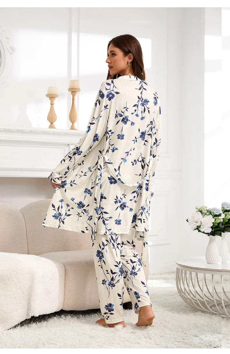 Cralom Satin Solid Color 3Pcs Pajama Set With Strap, Robe - Summer Sleepwear