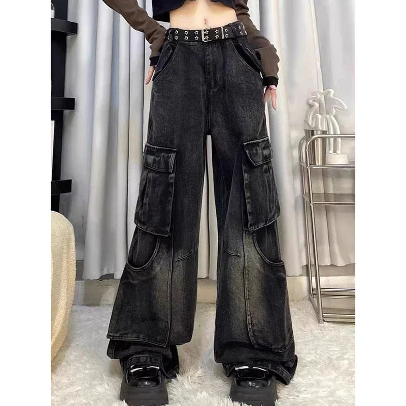 Cralom Women's Cargo Vintage Jeans | High Waist Straight Wide Leg Denim