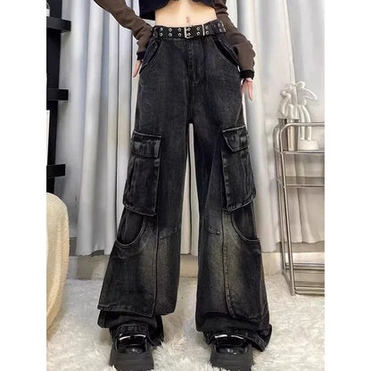 Cralom Women's Cargo Vintage Jeans | High Waist Straight Wide Leg Denim