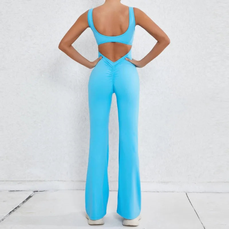 Cralom Cutout Back Yoga Jumpsuit - Booty Lifting Slim Fit Flare Leg