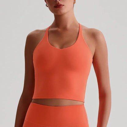 Cralom Nude Yoga Top with Detachable Chest Pads and Crossover Back