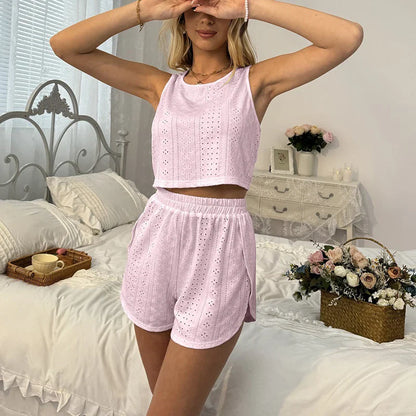 Cralom Cozy Vest Lounge Set: Cami Top & Elastic Shorts, Hollowed-Out Design, Summer Fashion