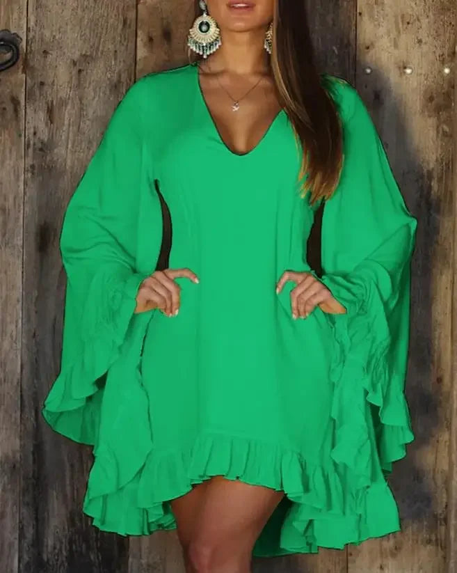 Cralom Sweet Ruffle Hem Bell Sleeve V-Neck Long Sleeve Dress