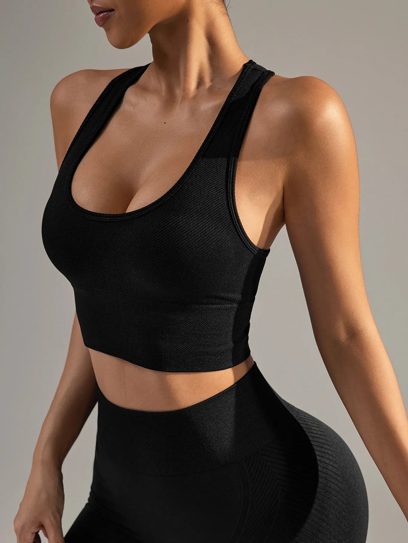 Cralom Ribbed Yoga Bra Racer Back Crop Top Seamless Sports Tank Gym Fitness