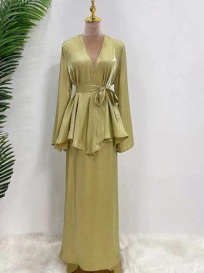 Cralom Cralom Ramadan Satin Abaya Modest Dress Set Women's Kaftan