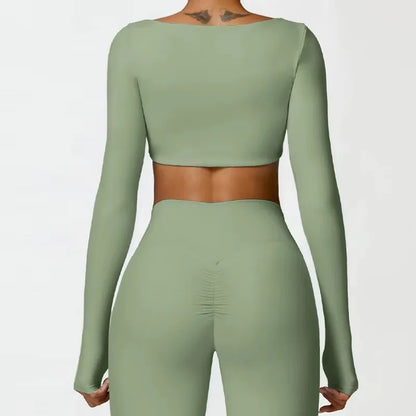 Cralom Square Neck Gym Top: Quick Dry Long Sleeve Crop Top for Women