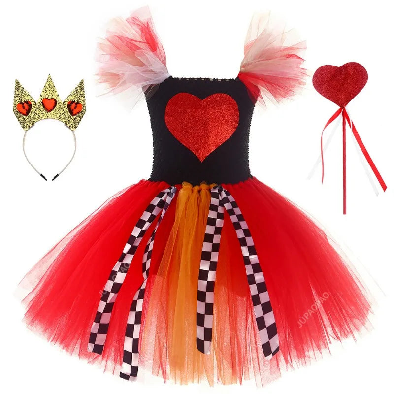 Cralom Red Queen Tutu Dress with Crown Wand Set for Girls Halloween Costume
