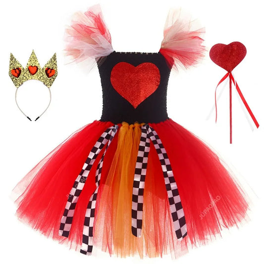 Cralom Red Queen Tutu Dress with Crown Wand Set for Girls Halloween Costume