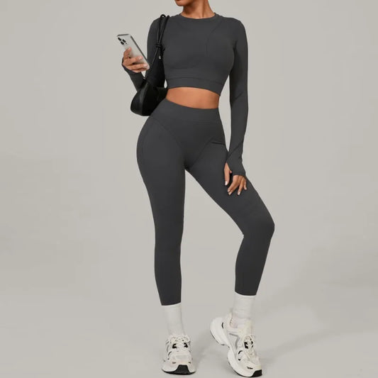 Cralom Yoga Set: High-Waist Hip-lifting Fitness Leggings & Long-sleeved Top