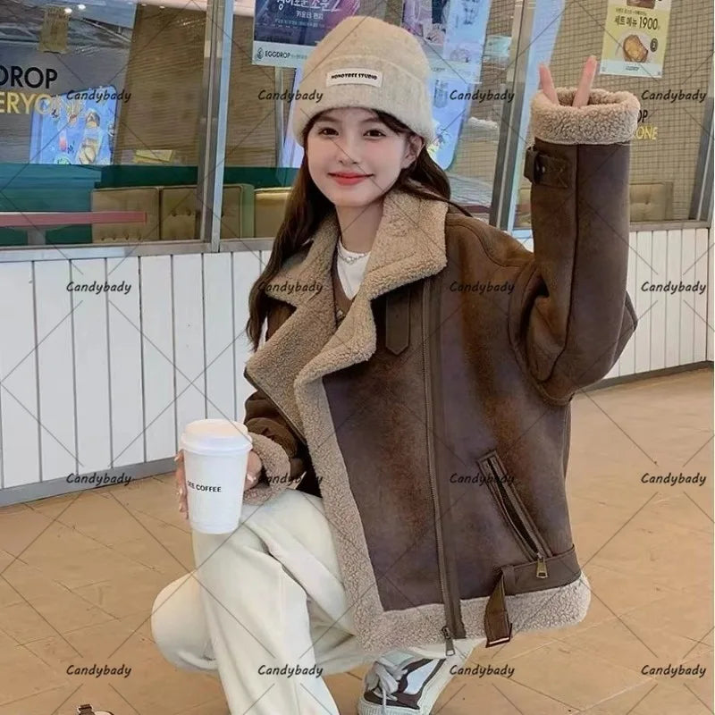 Cralom Imitation Lambswool Coat: Y2K Style Short Fur Jacket for Women