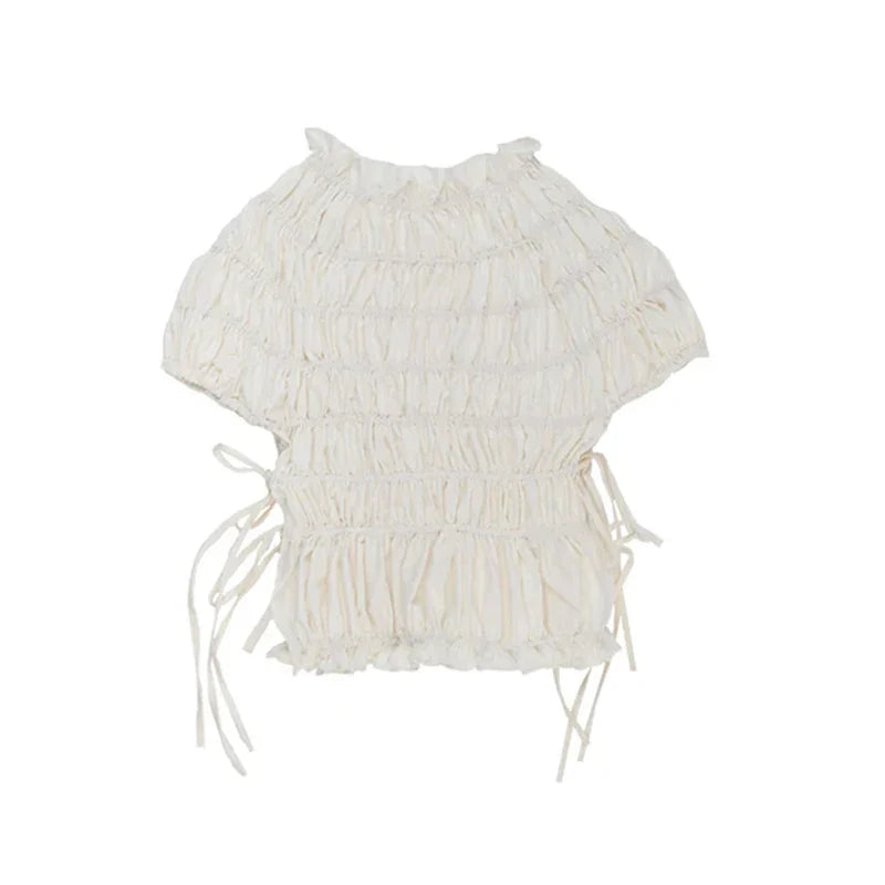 Cralom Lace Up Pleated High Neck Shirt - Vintage Style Slim Fit Top